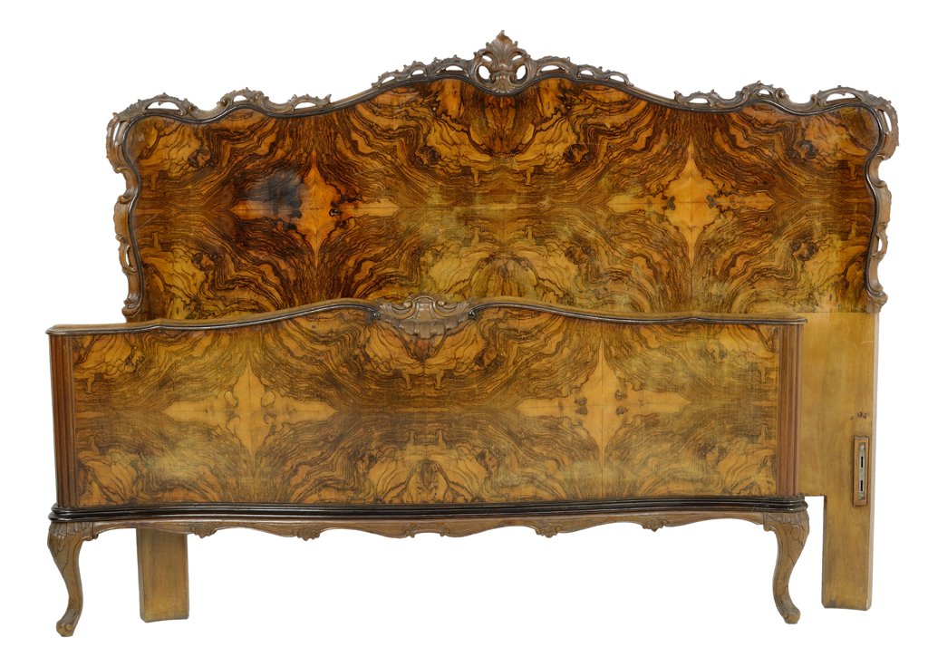 A VENETIAN ROCOCO STYLE BURLED WALNUT FINISH BED: A VENETIAN ROCOCO STYLE BURLED WALNUT FINISH BED Early 20th Century Minor wear to veneer and finish. Overall in good condition, wear commensurate with age. Width: 66½ inches