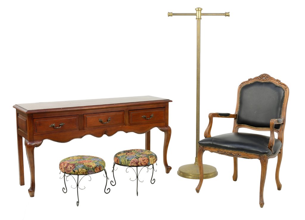 A LOUIS XV STYLE INTERIOR DESIGN COLLECTION: A LOUIS XV STYLE INTERIOR DESIGN COLLECTION Mid-Late 20th Century Includes a brass valet stand, a Louis XV style arm chair, a console table, and two foot stools. 31 x 59 x 17 inches