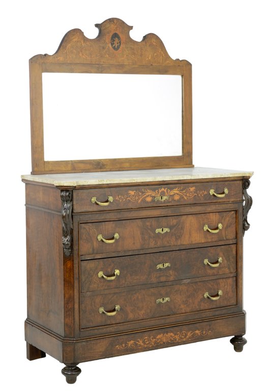 A CHARLES X STYLE COMMODE AND MIRROR WITH MARQUETRY: A CHARLES X STYLE COMMODE AND MIRROR WITH MARQUETRY INLAID PUTTI AND MARBLE TOP Late 19th-Early 20th Century Minor loss to veneer. Previous repairs detected. Overall in very good condition. 76 x 50 x 