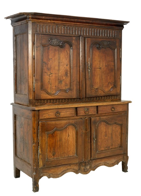 AN ANTIQUE FRENCH PROVINCAL STYLE CUPBOARD SIDEBOARD: AN ANTIQUE FRENCH PROVINCAL STYLE CUPBOARD SIDEBOARD 19th Century Wear and scratching detected. Exposure to woodworm. Overall in good condition, wear commensurate with age. 83¼ x 65¼ x 27¼ inches