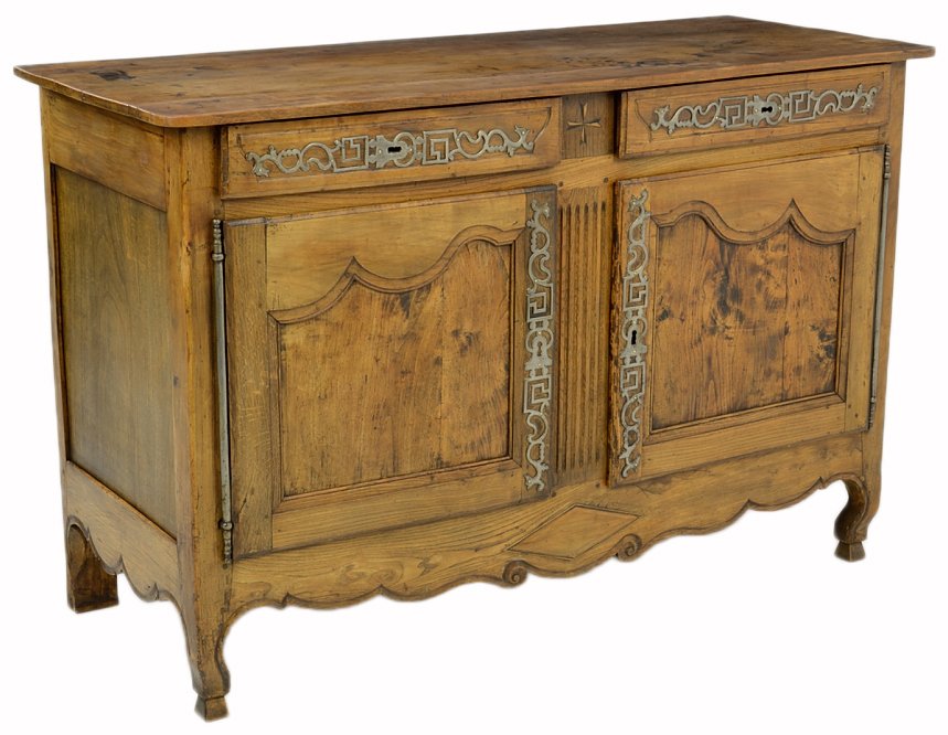 AN ANTIQUE FRENCH PROVINCIAL SIDEBOARD WITH LONG HINGES: AN ANTIQUE FRENCH PROVINCIAL SIDEBOARD WITH LONG HINGES 19th Century Ring staining, scratching, and wear to top. Overall in good condition, wear commensurate with age. 37 x 57¼ x 23¼ inches