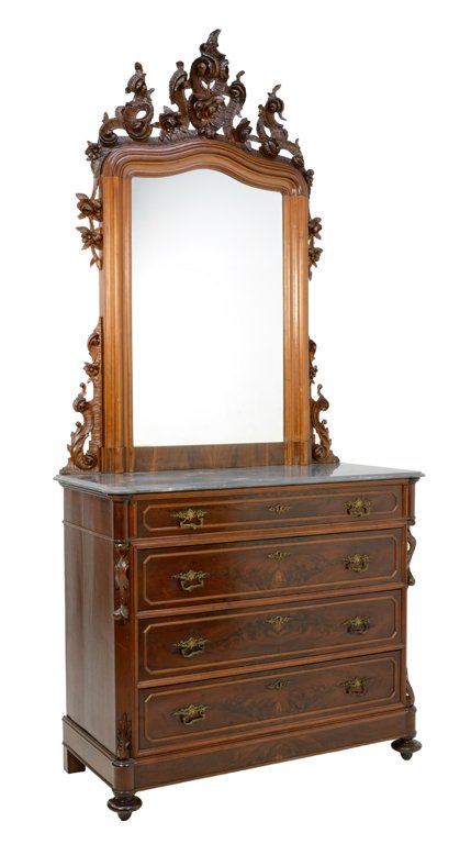 A VICTORIAN BELTER STYLE MAHOGANY FINISH COMMODE AND: A VICTORIAN BELTER STYLE MAHOGANY FINISH COMMODE AND MIRROR WITH BLACK MARBLE TOP 106½ x 48¾ x 22½ inches