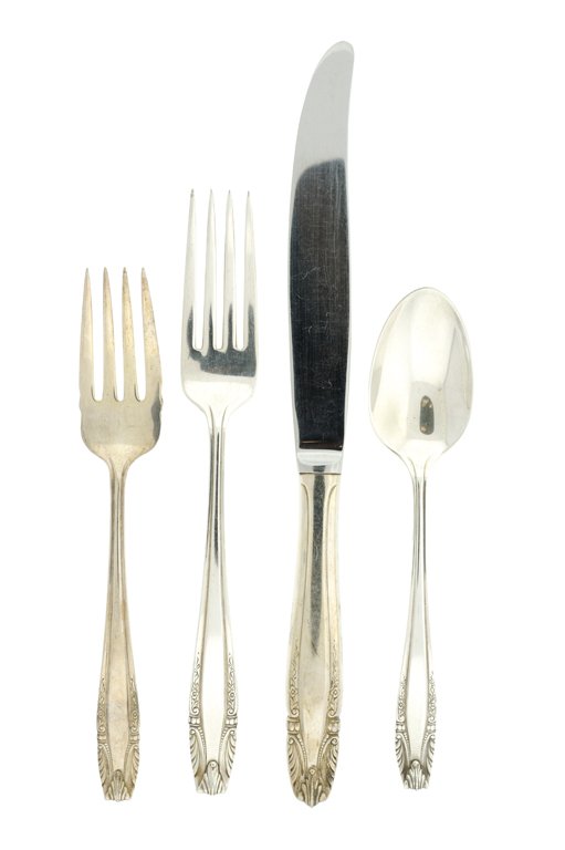 A 47 PIECE WALLACE "STRADIVARI" PATTERN STERLING SILVER: A 47 PIECE WALLACE ""STRADIVARI"" PATTERN STERLING SILVER FLATWARE SET WITH PARTIAL SERVICE FOR EIGHT Connecticut, United States, circa 1937 A partial service for eight of Wallace Silversmiths' ""Stra