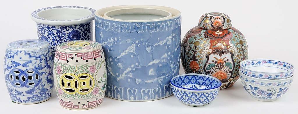 A SELECTION OF PORCELAIN ASIAN GARDEN DECOR: A SELECTION OF PORCELAIN ASIAN GARDEN DECOR Late 20th-21st Century Two miniature garden stools included. In very good conedition. Wear commensurate with age. Eight pieces total. 8¼ x 9 x 9 inches