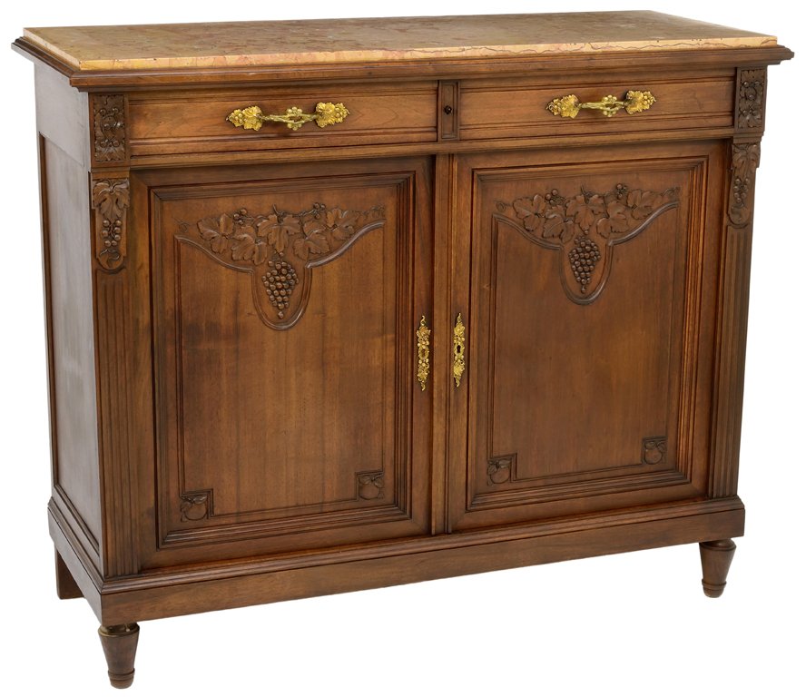 A LOUIS XVI STYLE BUFFET WITH GRAPE VINEYARD AND: A LOUIS XVI STYLE BUFFET WITH GRAPE VINEYARD AND FOLIATE MOTIF Early-Mid 20th Century Wear commensurate with age and use detected, in overall very good condition. 38½ x 47¼ x 18¼ inches