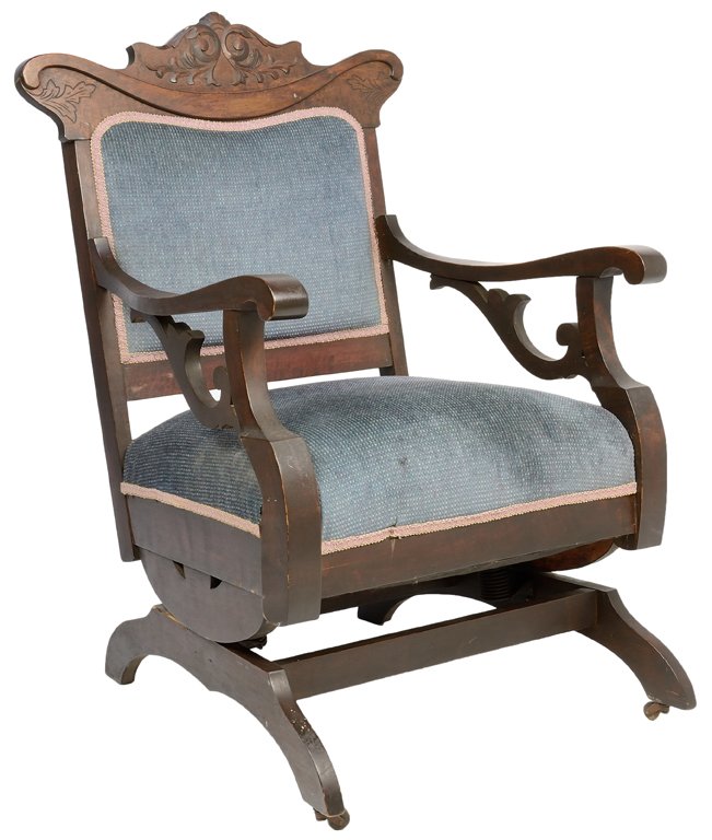 A VICTORIAN NOUVEAU STYLE BLUE UPHOLSTERED SPRING: A VICTORIAN NOUVEAU STYLE BLUE UPHOLSTERED SPRING ROCKING CHAIR Late 19th-Early 20th Century Wear to upholstery. Minor scratches and abrasions to finish. Overall in very good condition. 37½ x 25 x 27