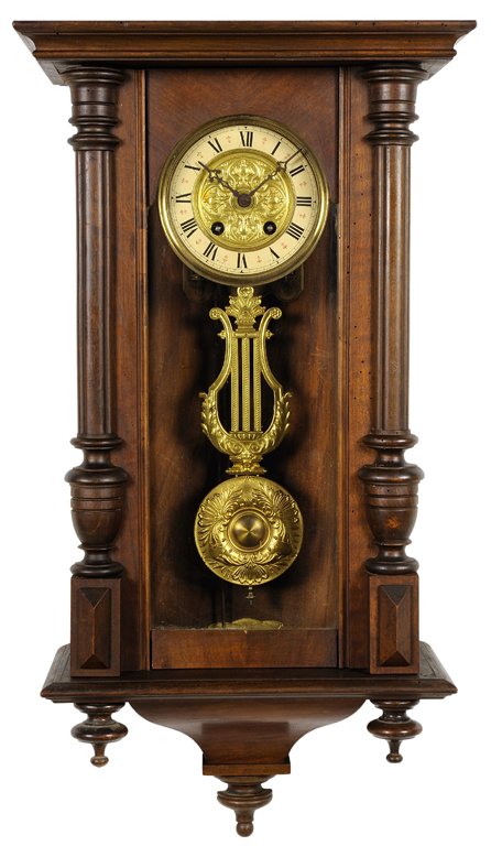 A FRENCH VICTORIAN STYLE REGULATOR WALL CLOCK WITH LYRE: A FRENCH VICTORIAN STYLE REGULATOR WALL CLOCK WITH LYRE FORM PENDULUM Early 20th Century Minor wear commensurate with age and use detected, in overall very good condition. 28½ x 14¾ x 7¼ inches