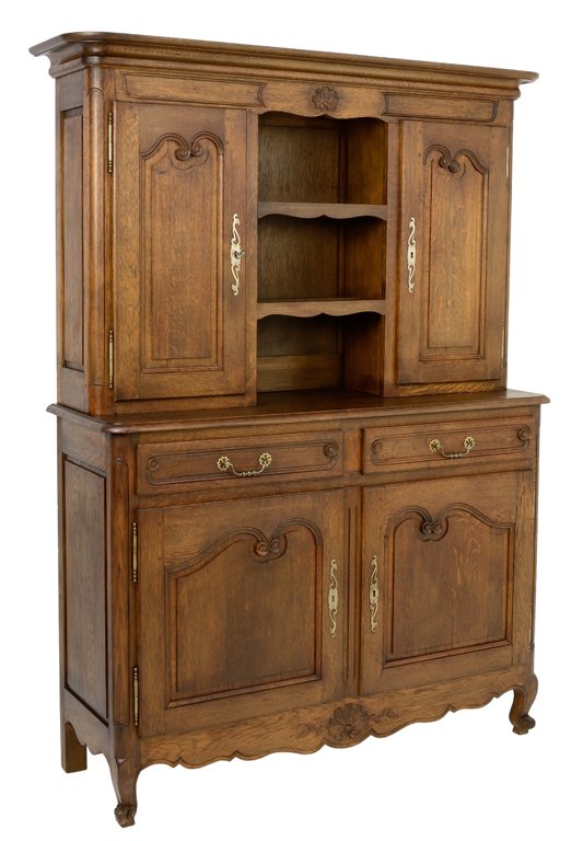 AN ANTIQUE FRENCH PROVINCIAL LOUIS XV STYLE BUFFET: AN ANTIQUE FRENCH PROVINCIAL LOUIS XV STYLE BUFFET CUPBOARD Early-Mid 20th Century A provincial Louis XV style buffet cupboard on scrolled cabriole legs with shell motif apron and crest. Wear commensu