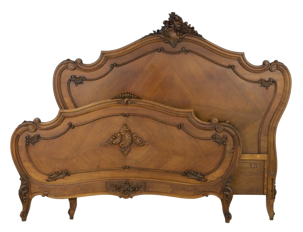 A ROCOCO REVIVAL STYLE BED WITH CHEVRON PARQUETRY AND: A ROCOCO REVIVAL STYLE BED WITH CHEVRON PARQUETRY AND ACANTHUS FAN DETAIL Early-Mid 20th Century Minor staining to footboard, wear commensurate with age and use detected, in overall very good conditio