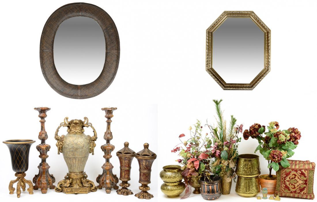 A HAUTE ITALIAN STYLE DECOR COLLECTION: A HAUTE ITALIAN STYLE DECOR COLLECTION 20th Century Includes two lidded urns, a large two handled amphora, a pair of candlesticks, a mirror and a large footed vase. In very good condition. 36¼ x 30 x
