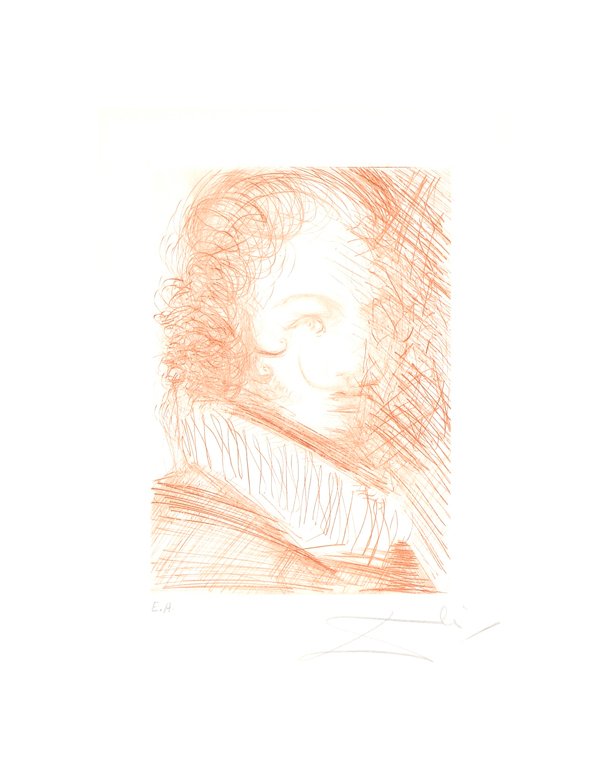 SALVADOR DALI (1908-1898): SALVADOR DALI (1908-1898) ""SELF PORTRAIT"" A dry point etching in sepia on Japon paper from a portfolio of 15 original etchings published by Rigal, Edition: ""E.A"". pencil signed and numbered below 