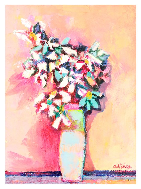 DAVID ADICKES (b. 1927 - Active Texas): DAVID ADICKES (b. 1927 - Active Texas) ""Still Life"" A small oil on canvas depicting a slender white vase of flowers set against a bright background, signed lower right ""Adickes"" and inscribed vers