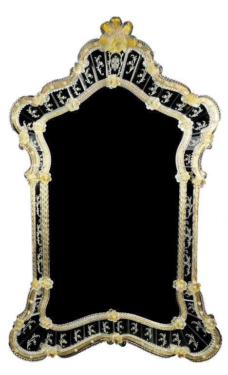 VENETIAN MURANO RIBBON GLASS MIRROR: VENETIAN MURANO RIBBON GLASS MIRROR The Vintage mirror created in Venetian Murano ribbon glass having a Chippendale shape frame comprised of forty individual mirrors, hand cut and etched, blown and sh