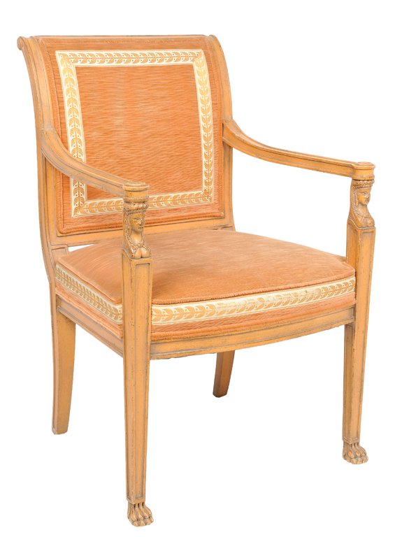 AN REGENCY STYLE EARTHEN RUST COLORED ARMCHAIR WITH: AN REGENCY STYLE EARTHEN RUST COLORED ARMCHAIR WITH CARVED MINERVA BUST SUPPORTS BY LEWIS MITTMAN 20th Century Filled with horse and hog hair. In very good condition. 36 x 23½ x 25¼ inches