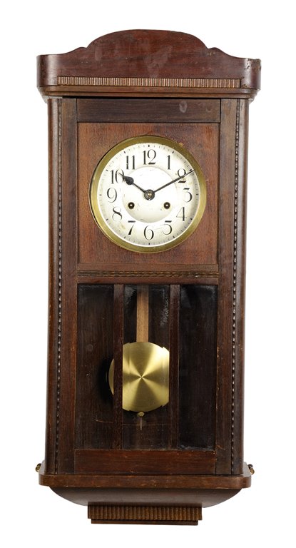 A VICTORIAN STYLE KIENZLE MAHOGANY PENDULUM WALL CLOCK: A VICTORIAN STYLE KIENZLE MAHOGANY PENDULUM WALL CLOCK Early 20th Century A Kienzle wall clock with mahogany case and white dial enclosed by a brass bezel ring, includes pendulum. Good condition. 30½