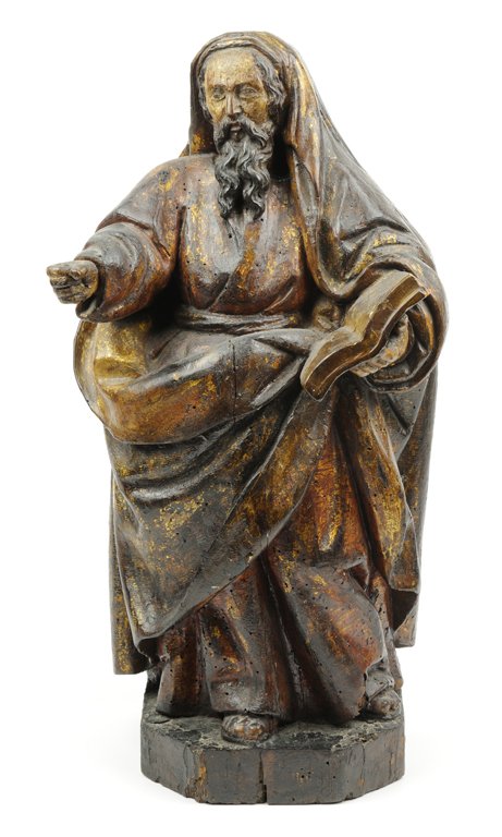 A CARVED WOOD AND POLYCHROMED FIGURE OF ST. JOHN THE: A CARVED WOOD AND POLYCHROMED FIGURE OF ST. JOHN THE EVANGELIST IN THE SCHOOL OF SEVILLE STYLE Circa 16th Century, Seville, Spain Losses to gesso, polychrome and gilding. Losses to carving at toes, ro