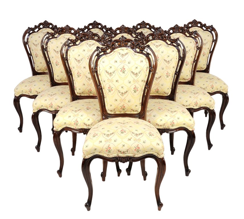 A SET OF TEN ITALIAN ROCOCO STYLE MAHOGANY FINISH: A SET OF TEN ITALIAN ROCOCO STYLE MAHOGANY FINISH BERIBONED AND FESTOON COVERED SIDE CHAIRS Mid 20th Century In very good condition. Minor abrasions at feet with mild exposure to paint spray detected.