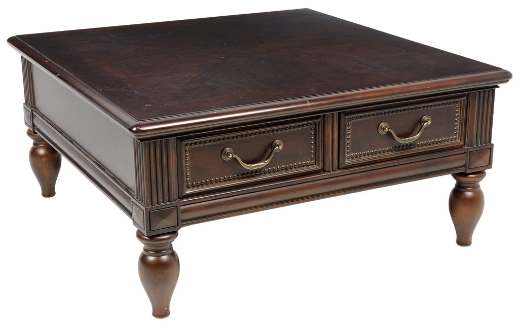 A MAHOGANY FINISH "BERNHARDT" SOFA TABLE: A MAHOGANY FINISH ""BERNHARDT"" SOFA TABLE 20th-21st Century Minor abrasions and scratches detected to surface and edges. Overall in good condition, wear commensuate with use. 19 x 40 x 40 inches