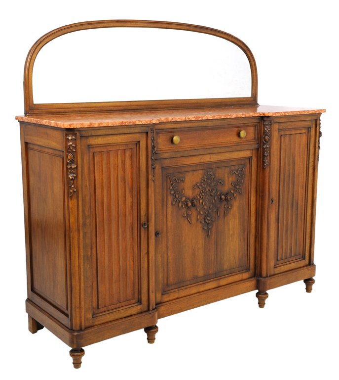 A FRENCH DECO STYLE WALNUT BUFFET WITH LINEN FOLD AND: A FRENCH DECO STYLE WALNUT BUFFET WITH LINEN FOLD AND FESTOON CARVED DETAILS Early 20th Century Minor wear detected. Overall in very good condition. 42 x 63¼ x 20 inches 60¼ tall with mirror.