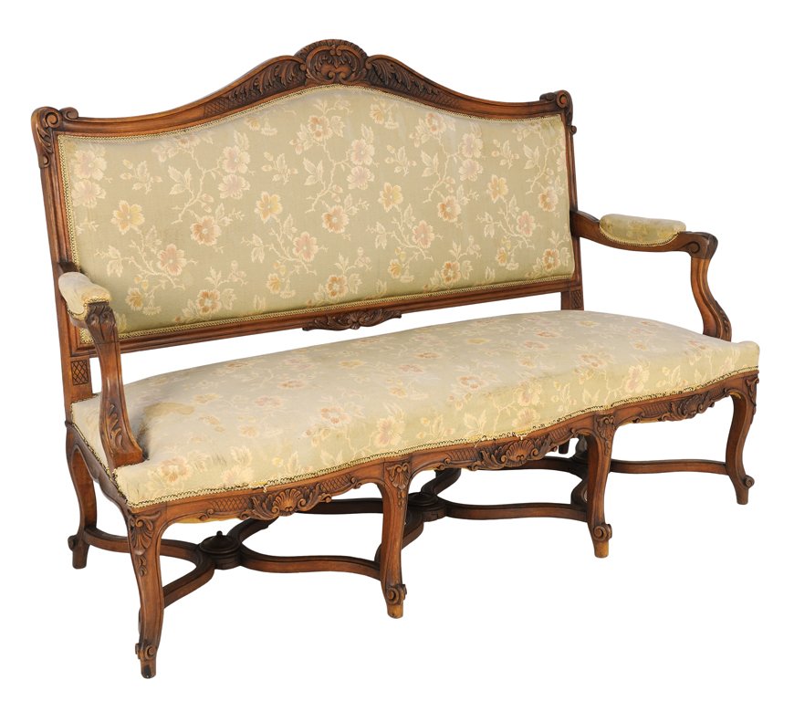 A WALNUT LOUIS XV STYLE SETTEE WITH TRIPLE "X": A WALNUT LOUIS XV STYLE SETTEE WITH TRIPLE "X" STRETCHER Early 20th Century Mild wear to fabric and show wood. Overall in very good condition, wear commensurate with age. 44¾ x 65 x 29¼ inches