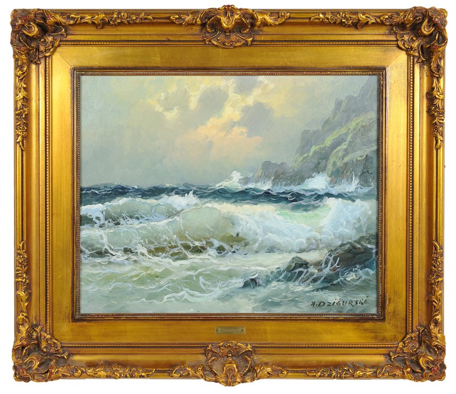 ALEXANDER DZIGURSKI, (YUGOSLAVIAN/AMERICAN; 1911-1995),: ALEXANDER DZIGURSKI (YUGOSLAVIAN/AMERICAN; 1911-1995) UNTITLED SEASCAPE Oil on canvas Signed in verso lower right, artist's studio stamp to reverse of canvas. 16¼ x 20 inches