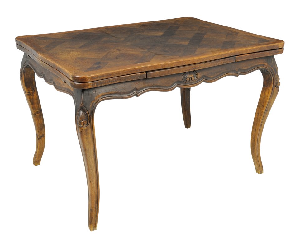A FRENCH PROVINCIAL LOUIS XV STYLE TABLE WITH BASKET: A FRENCH PROVINCIAL LOUIS XV STYLE TABLE WITH BASKET WEAVE PARQUETRY Late 19th-Early 20th Century Minor wear. Overall in very good condition. 30½ x 46½ x 34¾ inches