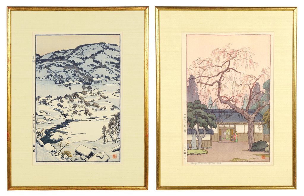 TOSHI YOSHIDA, (JAPANESE; 1911-1995), "Snow Country": TOSHI YOSHIDA (JAPANESE; 1911-1995) "Snow Country" and "Cherry Blossoms by the Gate" Pair of woodblock prints on paper. Signed in verso lower right with artists' pencil signature and seal, calligraphy