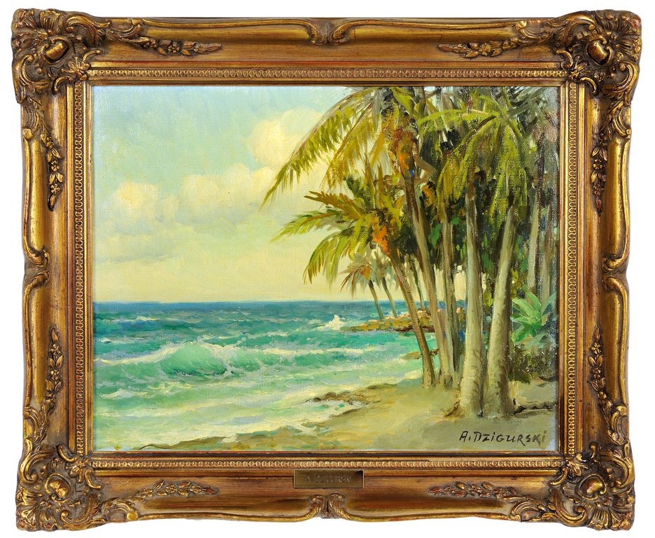 ALEXANDER DZIGURSKI, (YUGOSLAVIAN/AMERICAN; 1911-1995),: ALEXANDER DZIGURSKI (YUGOSLAVIAN/AMERICAN; 1911-1995) "BEACH SCENE WITH PALM TREES" Oil on canvas Signed in verso lower right, placard reading "A. Dzigurski" at bottom center of frame, artist's studio