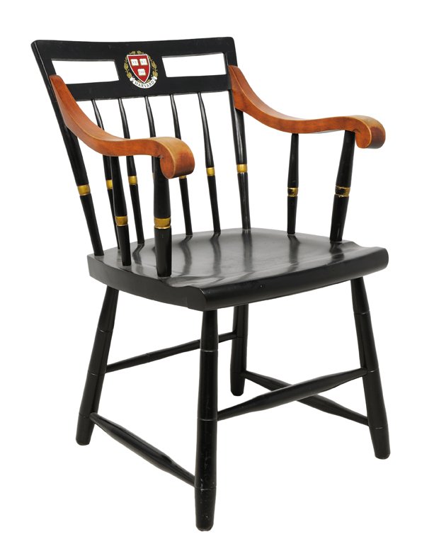 A HARVARD VERITAS RED AND GOLD MEDALLION WINDSOR STYLE: A HARVARD VERITAS RED AND GOLD MEDALLION WINDSOR STYLE ARMCHAIR Minor wear commensurate with age and use detected, in overall good condition. 34 x 22¼ x 23¼ inches