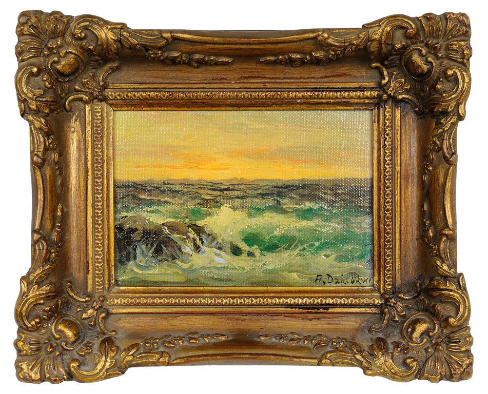 ALEXANDER DZIGURSKI, (YUGOSLAVIAN/AMERICAN; 1911-1995),: ALEXANDER DZIGURSKI (YUGOSLAVIAN/AMERICAN; 1911-1995) "SEASCAPE WITH WAVES CRASHING OVER ROCKS" Oil on canvas Signed in verso lower right "A. Dzigurski" 5 x 7 inches