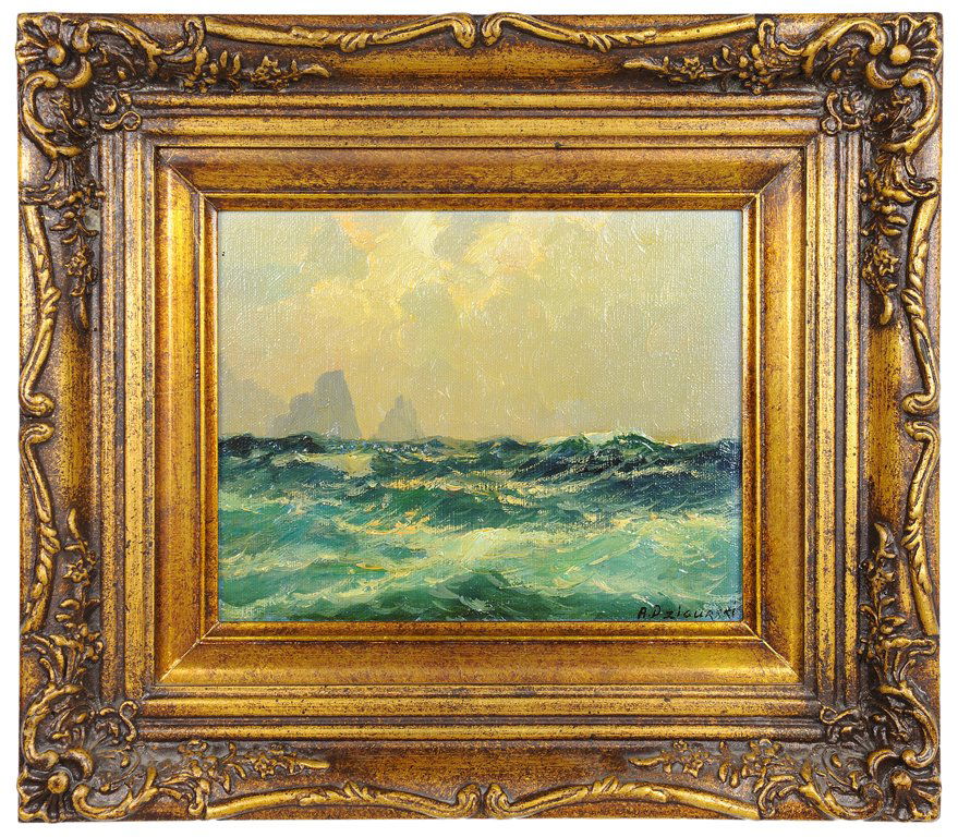 ALEXANDER DZIGURSKI, (YUGOSLAVIAN/AMERICAN; 1911-1995),: ALEXANDER DZIGURSKI (YUGOSLAVIAN/AMERICAN; 1911-1995) "CALM SEASCAPE" Oil on canvas. Signed in verso lower right. 8 x 10 inches