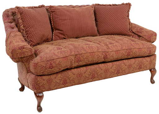 A Wingback Wine Color Tufted Brocade Sofa By Harrods