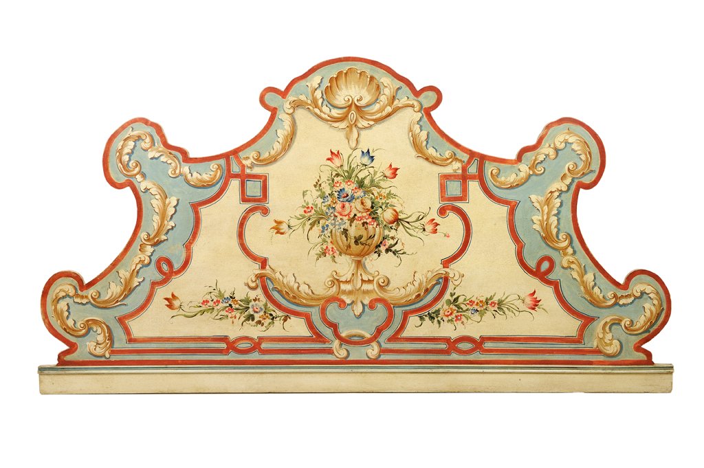 A VENETIAN ROCOCO STYLE PAINTED HEADBOARD: A VENETIAN ROCOCO STYLE PAINTED HEADBOARD Early 20th Century Minor losses to paint. Overall in good condition, with wear commensurate with age. 41¼ x 78 x 1 inches (104.8 x 198.1 x 2.5 cm).