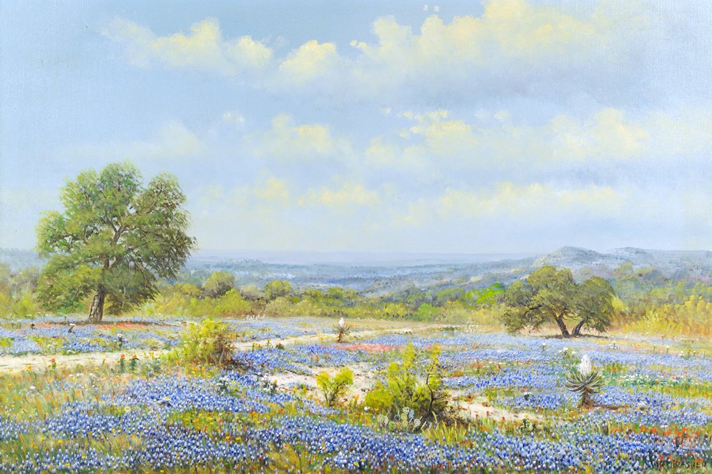 WILLIAM ROBERT THRASHER, (American,1908-1997),: WILLIAM ROBERT THRASHER (American,1908-1997) Landscape with Bluebonnets Oil on canvas Signed lower right 24 x 36 inches (61 x 91.4 cm).