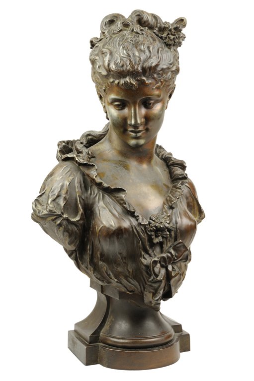 A FRENCH BRONZE BUST OF WOMAN AFTER HIPPOLYTE FRANCOIS: A FRENCH BRONZE BUST OF WOMAN AFTER HIPPOLYTE FRANCOIS MOREAU (French/American, 1832-1927) Signed "HP Moreau" to the lower left side of base. Losses to patina detected throughout, wear commensurate wi