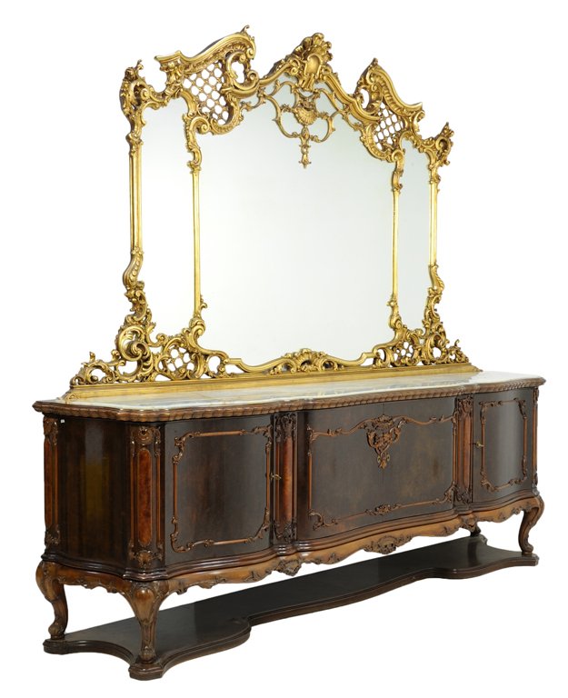 A VENETIAN ROCOCO STYLE BUFFET WITH MARBLE TOP AND: A VENETIAN ROCOCO STYLE BUFFET WITH MARBLE TOP AND GILTWOOD MIRROR Early-Mid 20th Century The impressive buffet features a majestic giltwood mirror divided into three parts with pierced lattice detail