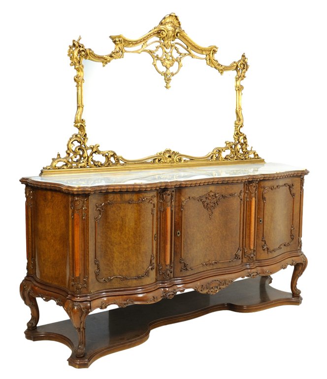 A VENETIAN ROCOCO STYLE MARBLE TOP SIDEBOARD AND: A VENETIAN ROCOCO STYLE MARBLE TOP SIDEBOARD AND GITLWOOD MIRROR Early-Mid 20th Century The impressive buffet features a majestic giltwood mirror wtih delicately carved scrolling tendrils, rests on a 