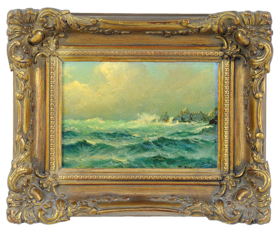 ALEXANDER DZIGURSKI, (Yugoslavian / American,: ALEXANDER DZIGURSKI (Yugoslavian / American, 1911-1995) Seascape Oil on canvas board Signed lower right Yellowed varnish unevenly applied post framing 5 x 7 inches