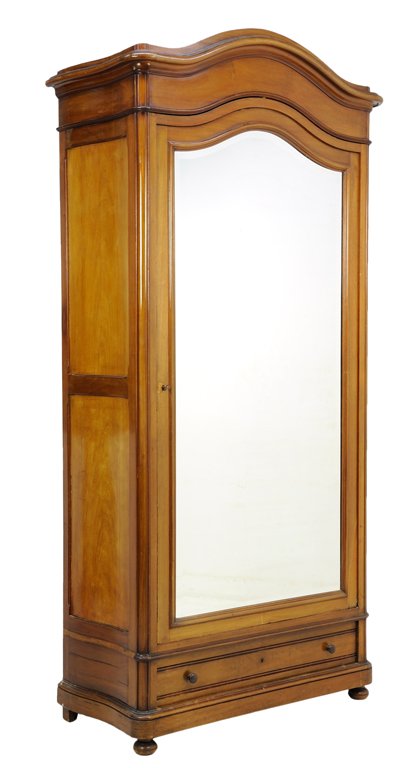 A FRENCH WALNUT ARMOIRE: A FRENCH WALNUT ARMOIRE Early - Mid 20th Century The single door mirrored armoire with shaped cornice, shaped single door with conforming mirror, single drawer to bottom, raised on turned ball feet. W