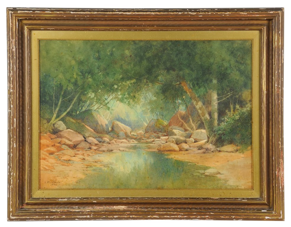 LORENZO PALMER LATIMER, (American, 1857-1941),: LORENZO PALMER LATIMER (American, 1857-1941) Landscape, 1900 Watercolor on paper. Signed and dated lower left Minor foxing on paper Frame finish loss. 14 x 20 inches