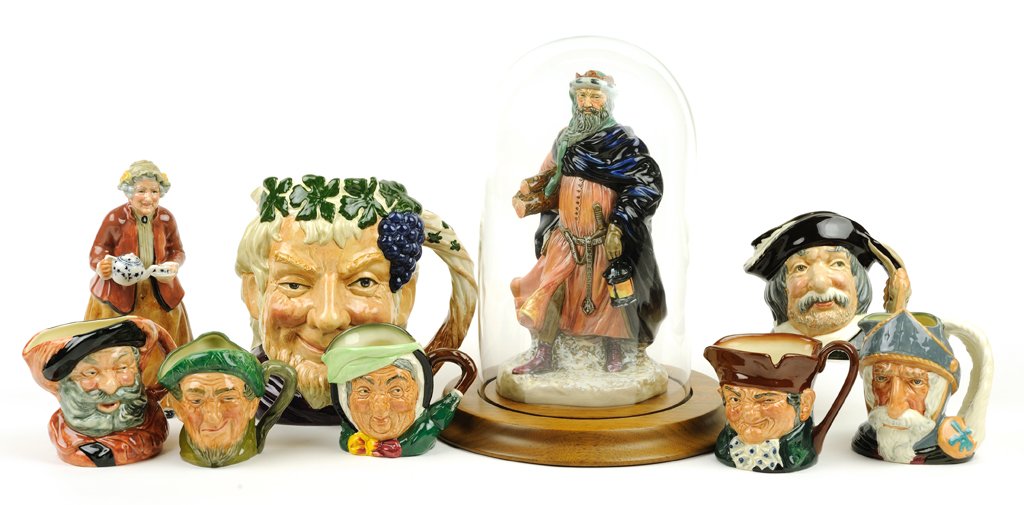 A COLLECTION OF ROYAL DOULTON TOBY MUGS AND FIGURINES: A COLLECTION OF ROYAL DOULTON TOBY MUGS AND FIGURINES The collection comprised of eight toby mugs, including "Don Quixote", "Sancho Panca", "Old Charley", "Auld Mac", "Falstaff", "Sairey Gamp", and "B