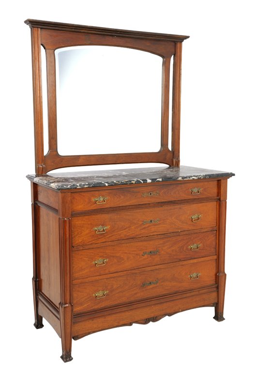 AN ITALIAN ARTE NUOVA WALNUT FINISH COMMODE AND MIRROR: AN ITALIAN ARTE NUOVA WALNUT FINISH COMMODE AND MIRROR Early-Mid 20th Century The commode features a stepped cornice with arched mirror flanked by pierced uprights, with a black and white marble top w