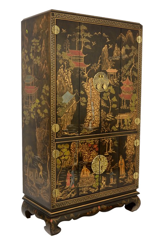 A HENREDON CHINOISERIE STYLE ILLUMINATED CABINET: A HENREDON CHINOISERIE STYLE ILLUMINATED CABINET Late 20th Century With panel doors. In very good condition. 72½ x 41 x 21 inches