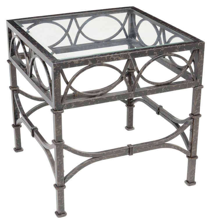 A BEVELED GLASS TOP PATIO GARDEN SIDE TABLE