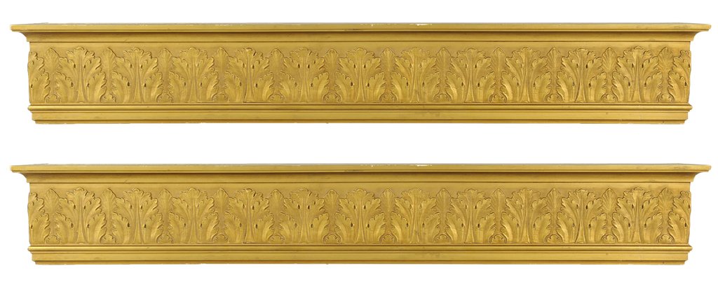 A PAIR OF NEOCLASSICAL STYLE GILTWOOD SHELVES: A PAIR OF NEOCLASSICAL STYLE GILTWOOD SHELVES 20th Century Each shelf having a flared cornice above an acanthus leaf carved frieze. 7½ x 51 x 7 inches.