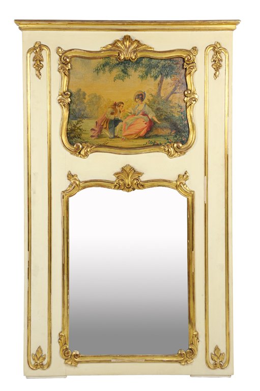 A FRENCH ROCOCO STYLE PARTIAL GILT TRUMEAU MIRROR: A FRENCH ROCOCO STYLE PARTIAL GILT TRUMEAU MIRROR 20th Century The vertical frame centered with a painting of a courting couple in a landscape above the rectangular shaped mirror plate, flared cornice