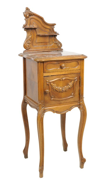 A FRENCH LOUIS XV STYLE WALNUT BEDSIDE CABINET: A FRENCH LOUIS XV STYLE WALNUT BEDSIDE CABINET The cabinet with single drawer over a paneled door, raised on cabriole legs, inset marble top, shaped back with shelf. 45½ x 15½ x 15¼ inches.
