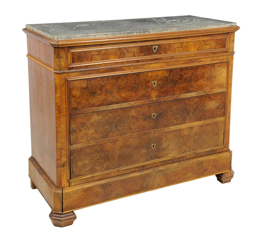 A FRENCH RESTORATION STYLE WALNUT COMMODE: A FRENCH RESTORATION STYLE WALNUT COMMODE The four drawer commode with gilt metal shield form escutcheons, inset marble top, raised on a plinth base ending in hexagonal fore feet. 39 x 47 x 21 inches.