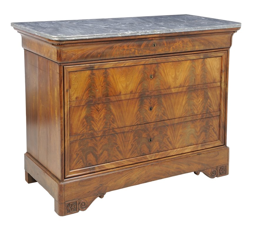 A FRENCH RESTORATION STYLE WALNUT COMMODE: A FRENCH RESTORATION STYLE WALNUT COMMODE The four drawer commode with rounded corners, gilt metal escutcheons, marble top, raised on a plinth base ending in carved bracket feet. 38 x 51 x 24 inches.