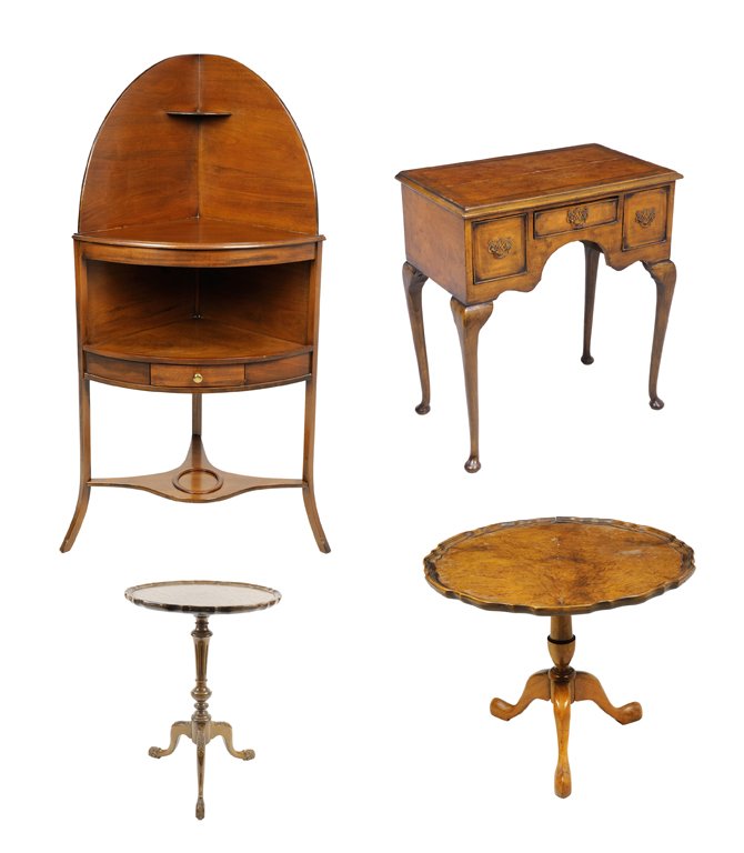 A SUITE OF ENGLISH STYLE FURNITURE 4 pieces total.: A SUITE OF ENGLISH STYLE FURNITURE The suite consisting of a Georgian style mahogany what-not shelf raised on cabriole legs, joined by a medial shelf, a Queen Anne style low boy, fitted with three dra